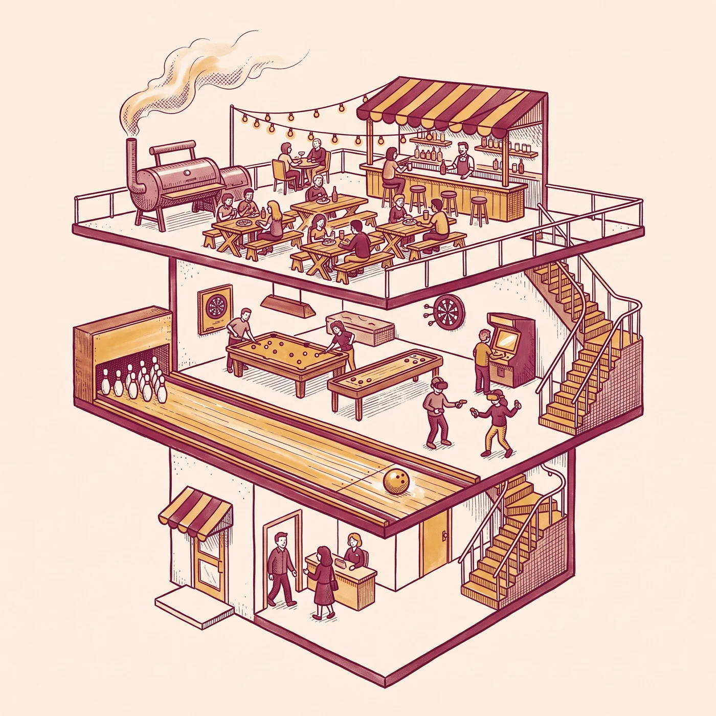 Illustrated venue: entrance at ground level, all six games on the Play floor, rooftop bar and Smoke by Jax above